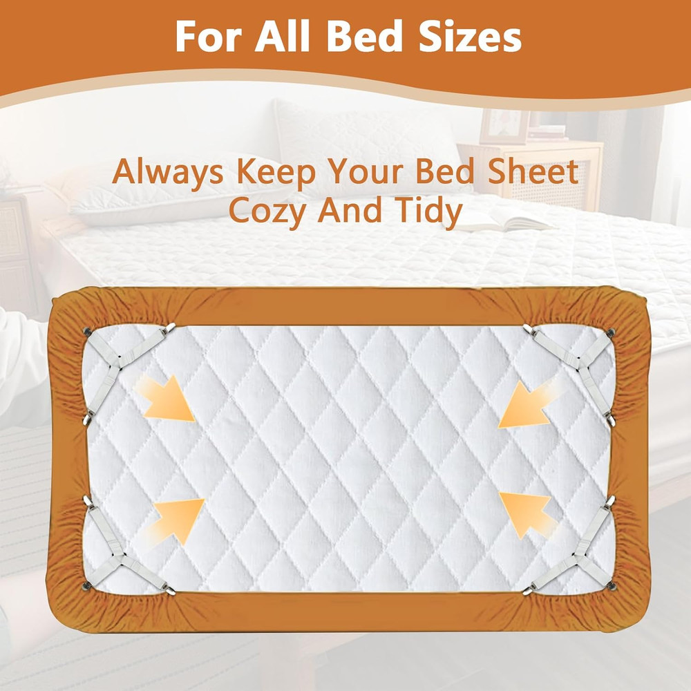 4PCS Bed Sheet Straps with Metal Clips, Adjustable Elastic Fitted Sheet Holders