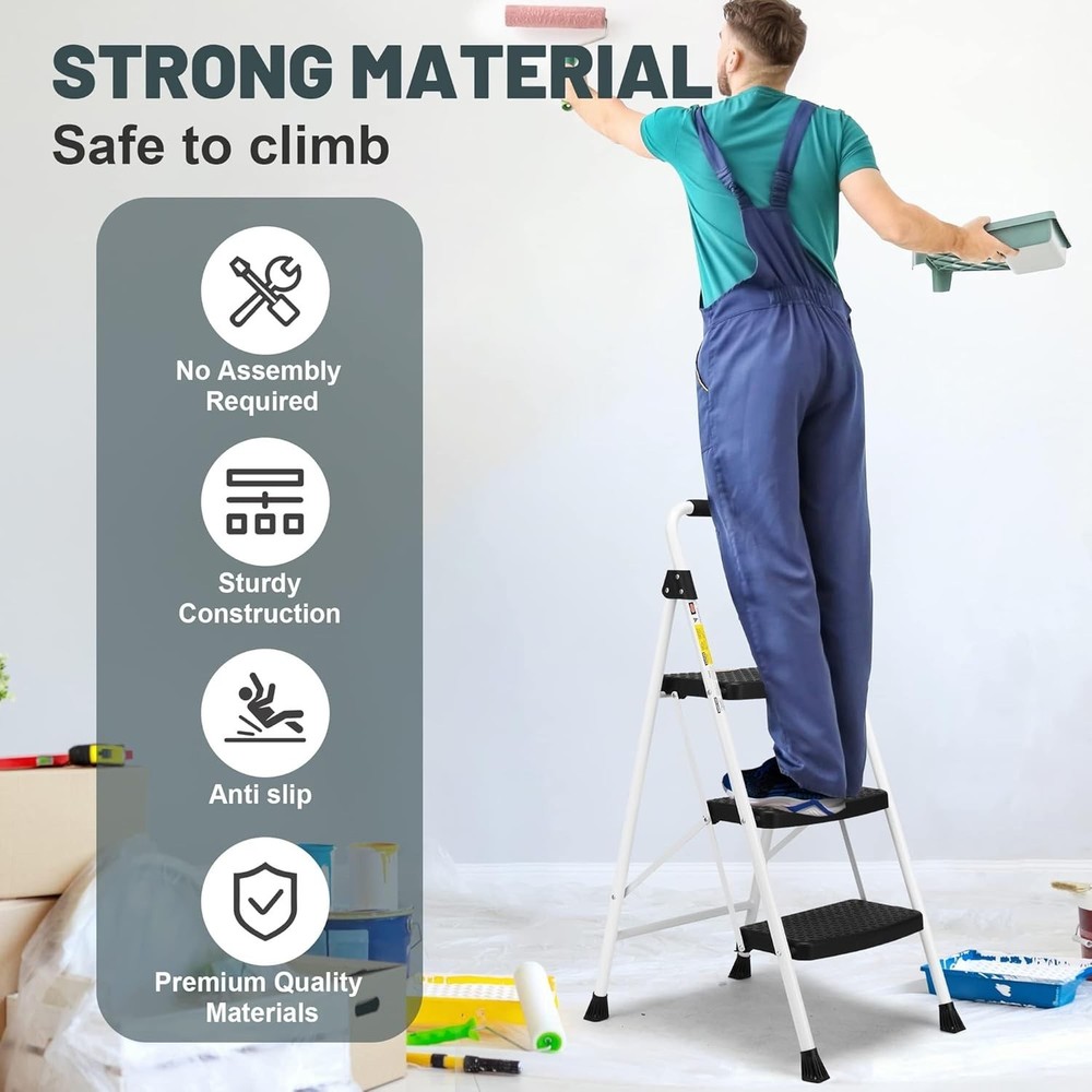 Compact 3-Step Ladder with Safety Features – 500lbs Load, Perfect for Kitchen