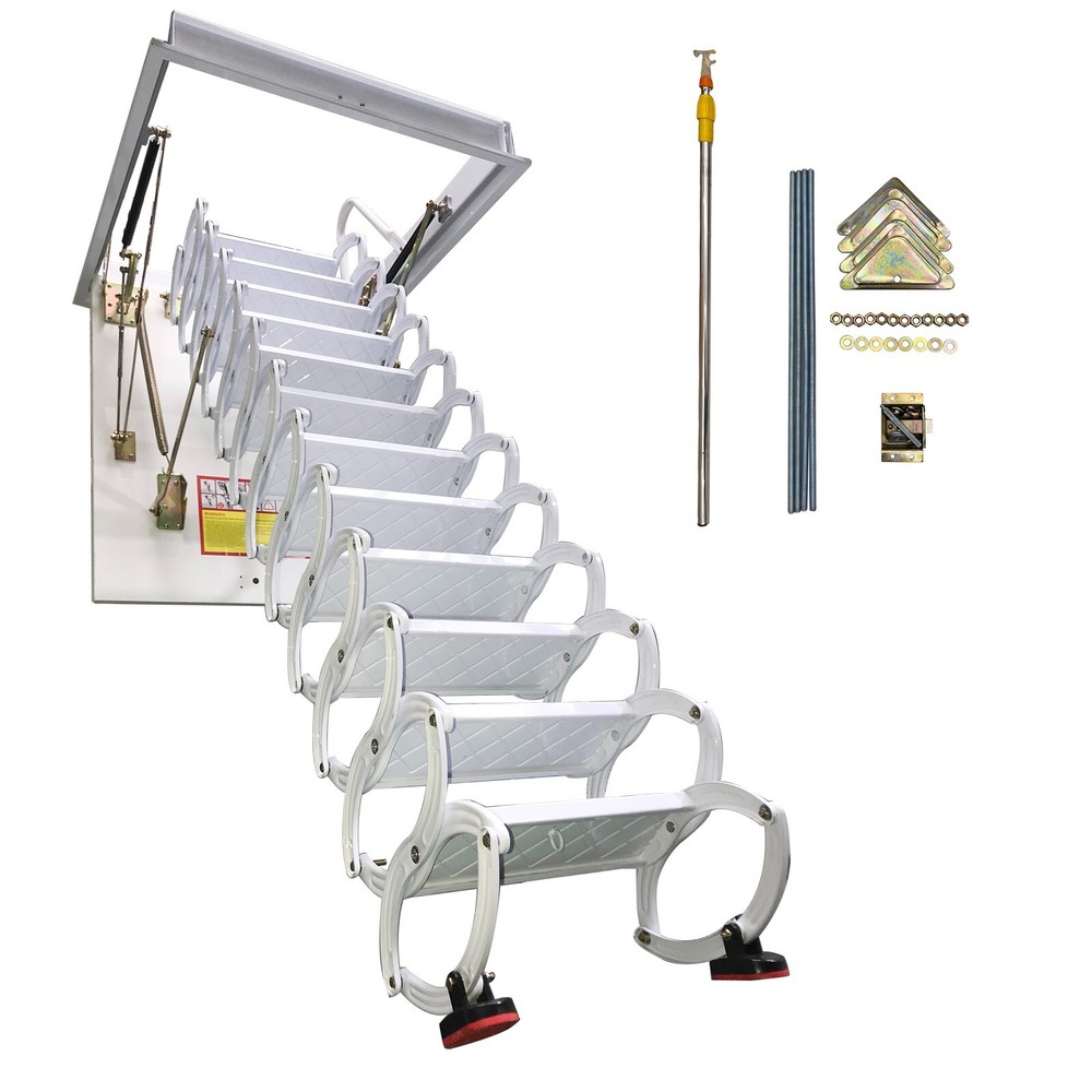 9.8ft Hidden Telescopic Folding Ladder White Attic Pull Down Ceiling stairs