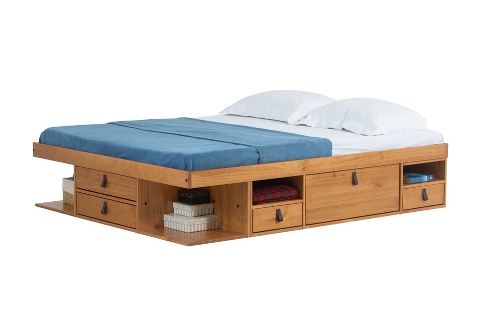 Memomad Bali Bed - Full Size Storage Platform Bed Frame with Drawers (Oak)