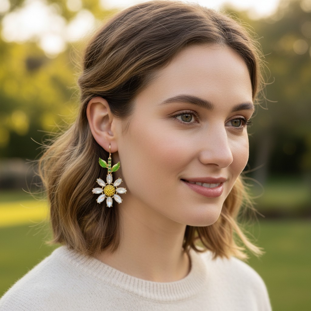 Betsey Johnson Earrings Gold Tone Crystal Daisy Drop Floral Leverback