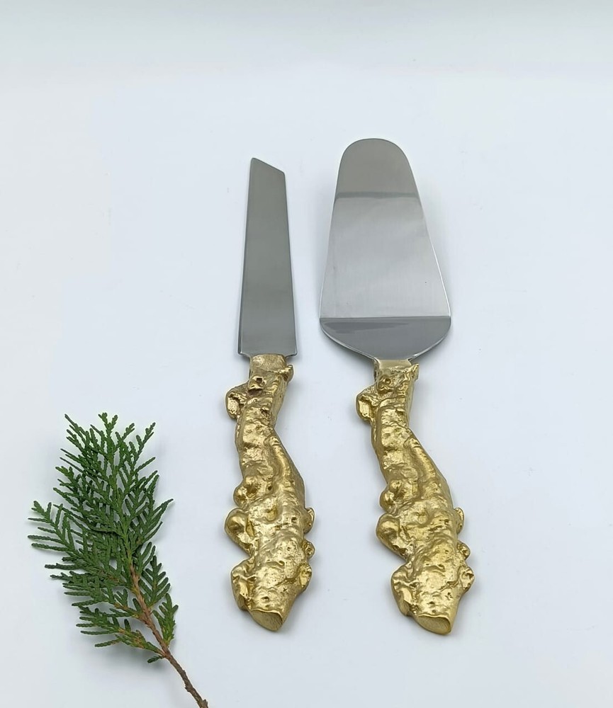 Modern Elegance Cake Server & Knife Set – Brass & Steel Wedding Tableware