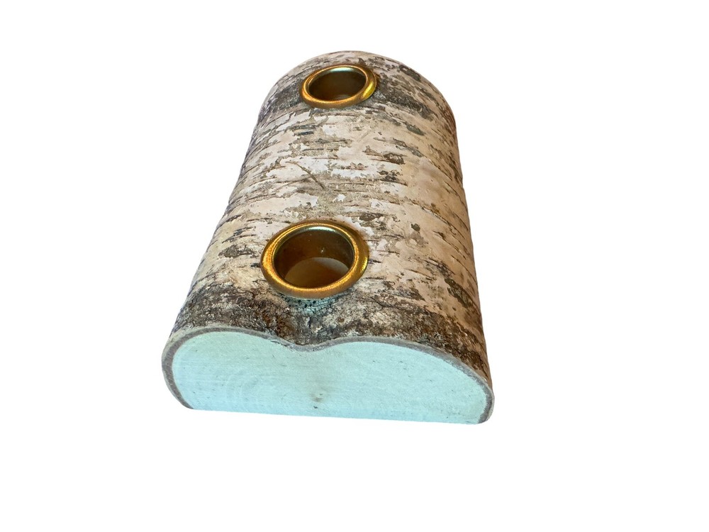 Half Birch Log 2-Pillar Winter Candleholder w/Brass Holder Inserts, EUC