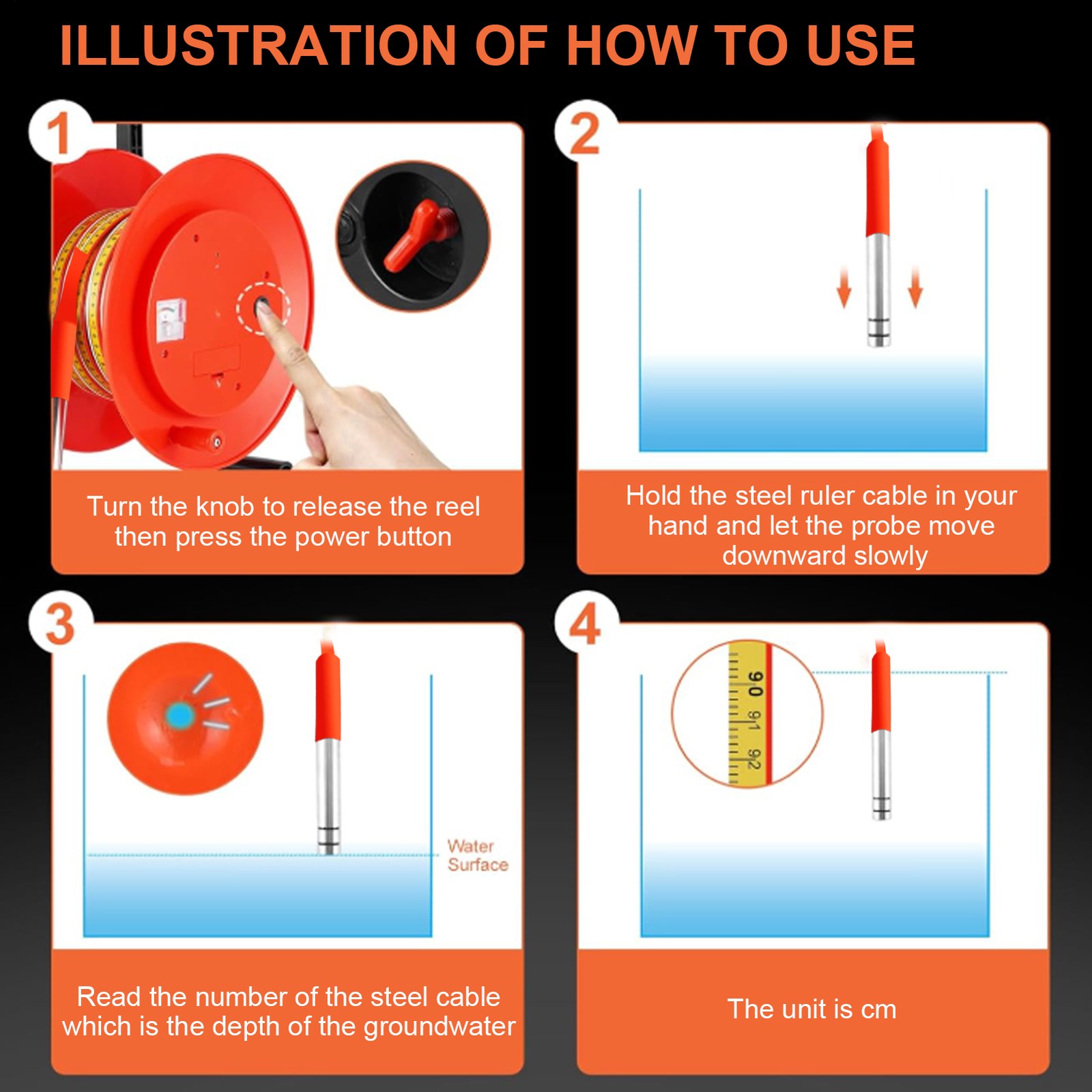 Water Level Meter, Well Water Level Indicator Water Level Measurement 100m
