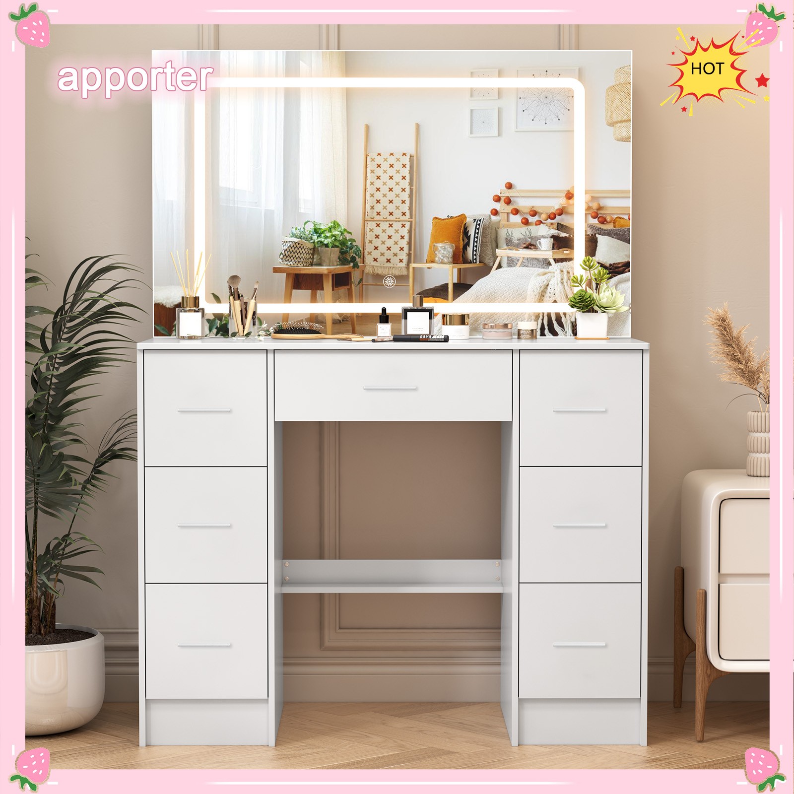 10 LED Lights With Large 3 Colors Mirror Makeup Dresser Desk Vanity Drawer Table