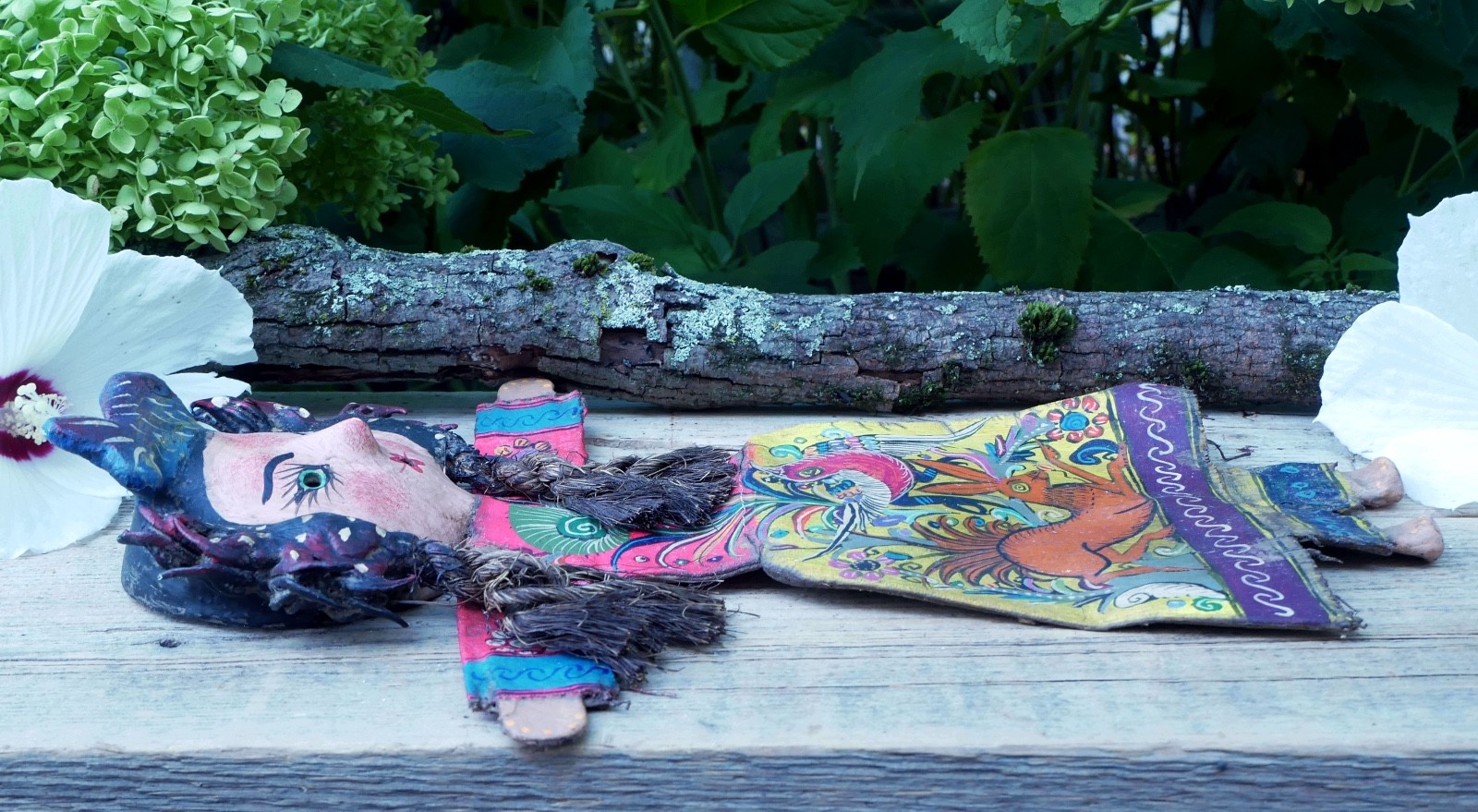 Girl Fish Hat Hand Painted Bird & Deer Handmade Canvas & Coconut Mexico Folk Art