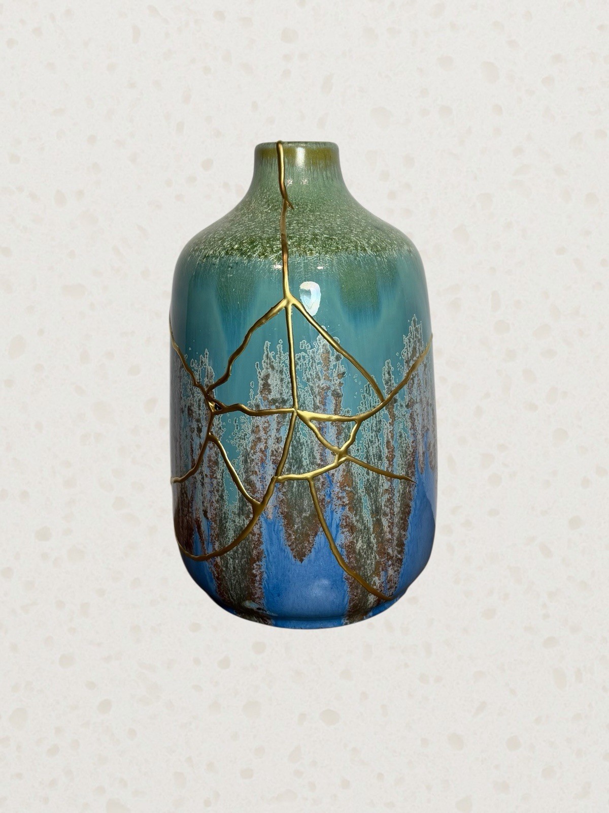 Kintsugi Ceramic Bottle Vase Gold Repair 10” Ocean Glaze Wabi Sabi Decor