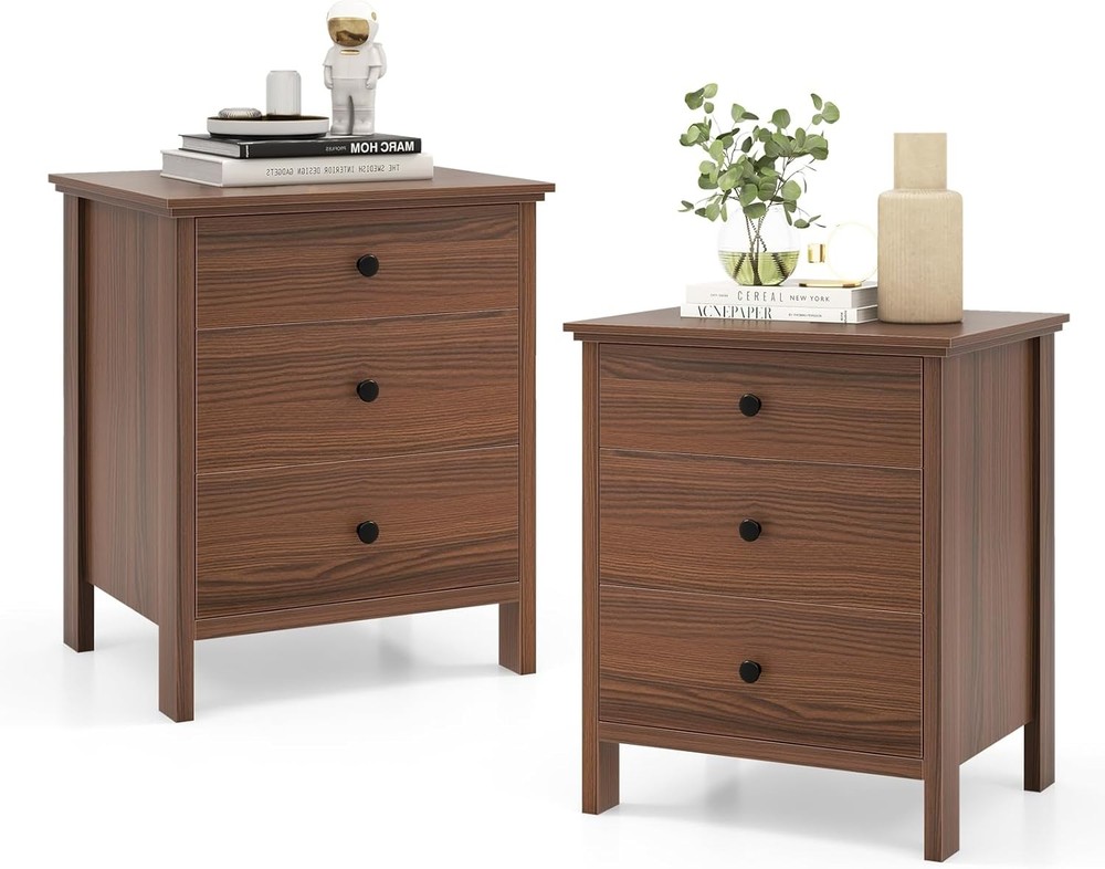 Set of 2 Nightstand with Drawers Solid Structure Side Table for Storage
