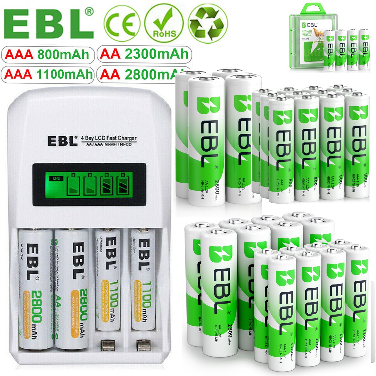 EBL AA AAA NI-MH Rechargeable Batteries /optional Charger Lot /1100/2300/2800mAh