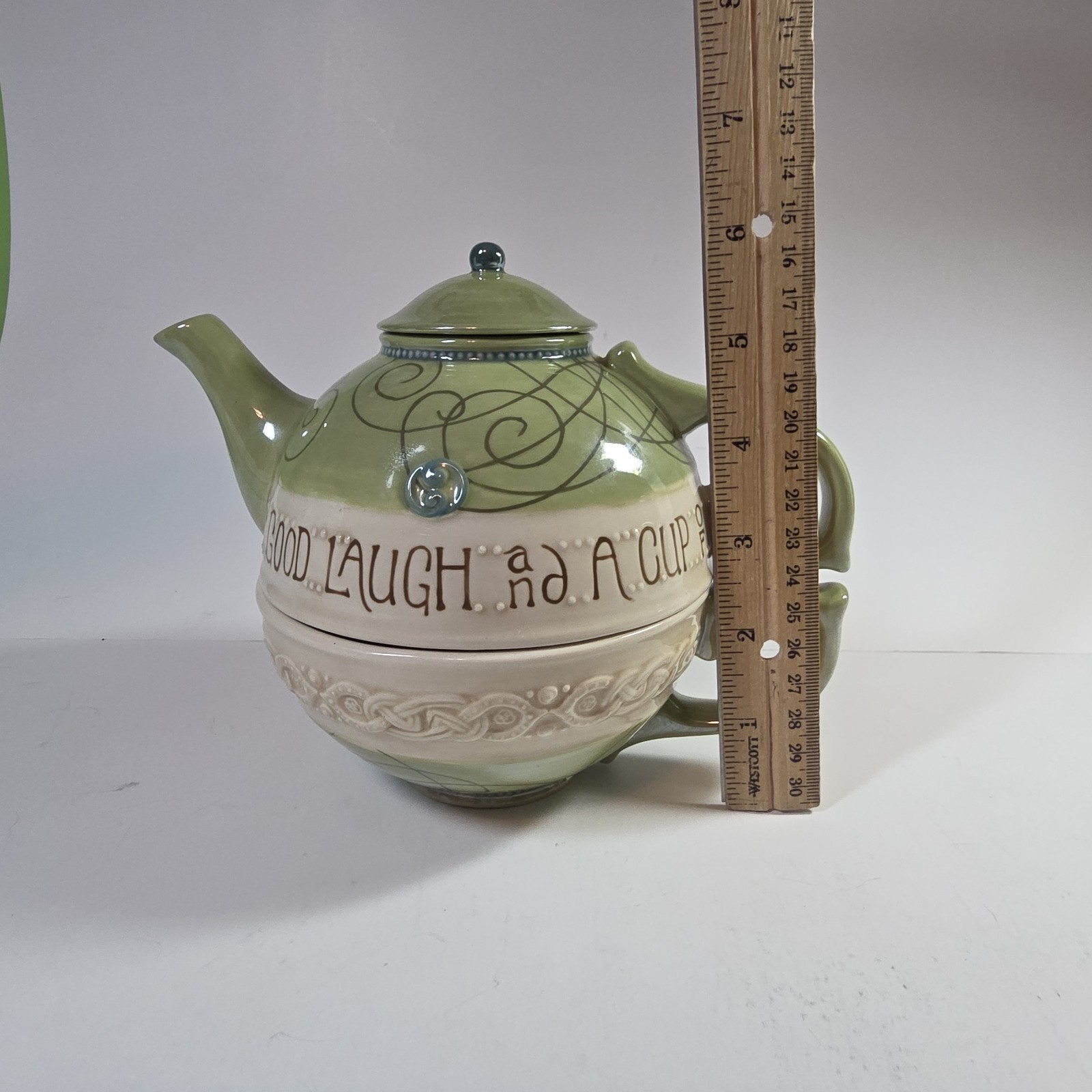 Grasslands Road Nesting Teapot Celtic Inspired Design Floral Green Cream 2 Piece