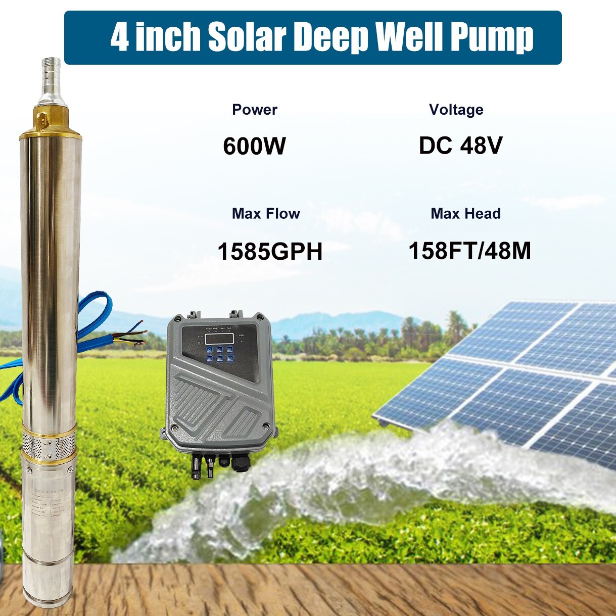 4" 600W Solar Pump Submersible Pump Bore Deep Well Pump+MPPT Controller DC 48V
