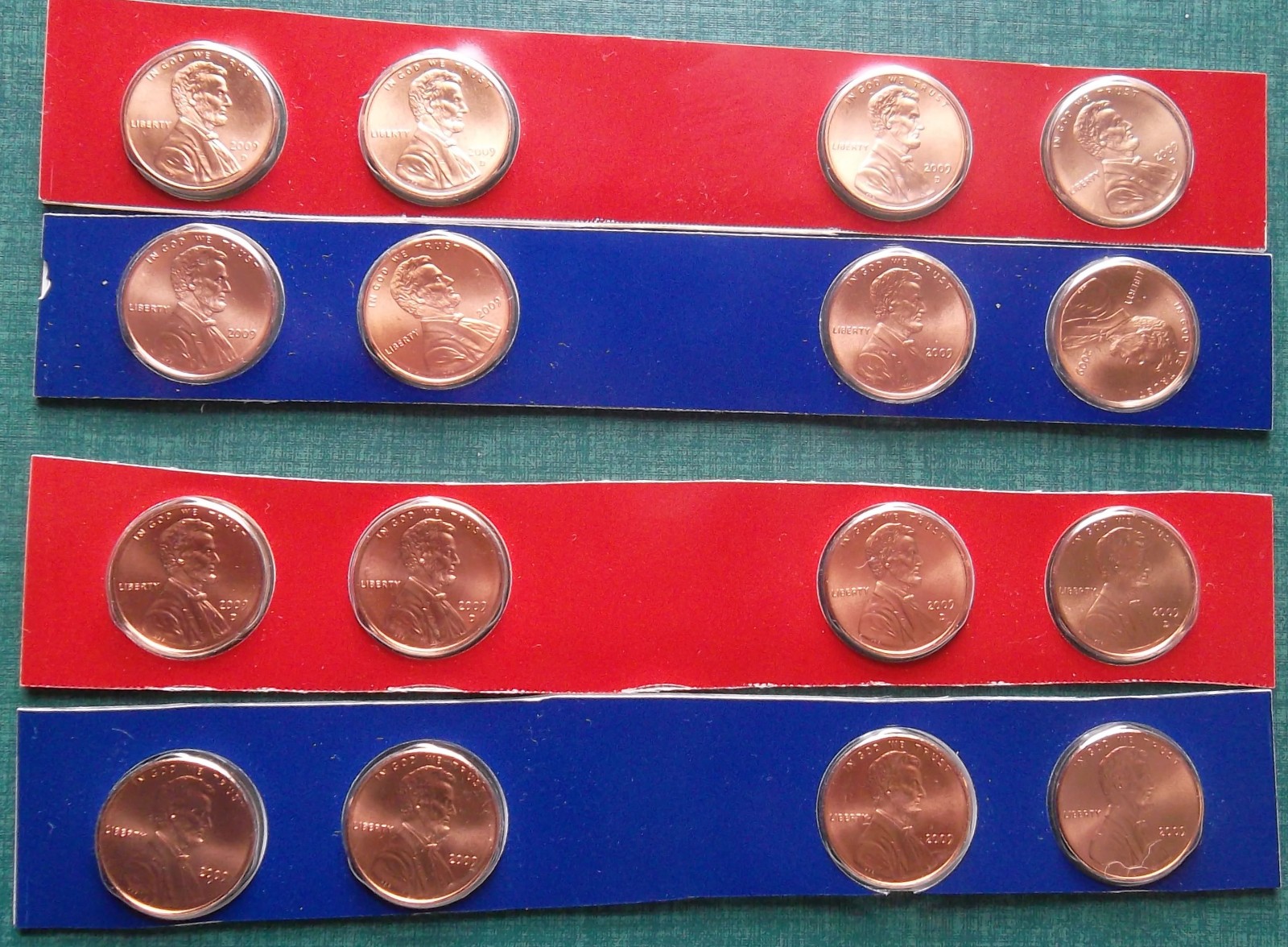 2009-P&D satin finish Uncirculated Lincoln cents: 8-coin set in two Mint strips