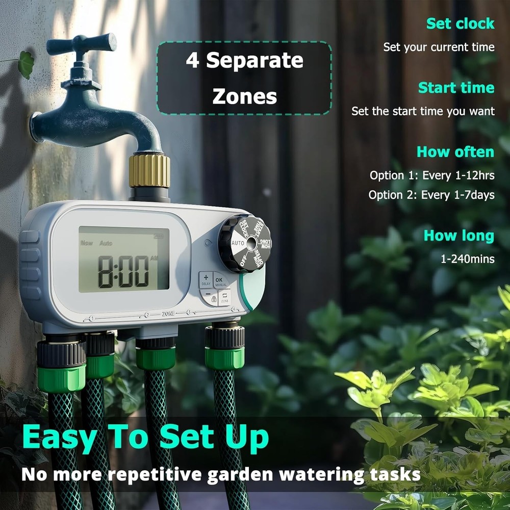 4 Zone Water Timer, Programmable Sprinkler Timer for Garden Hose with Rain Delay