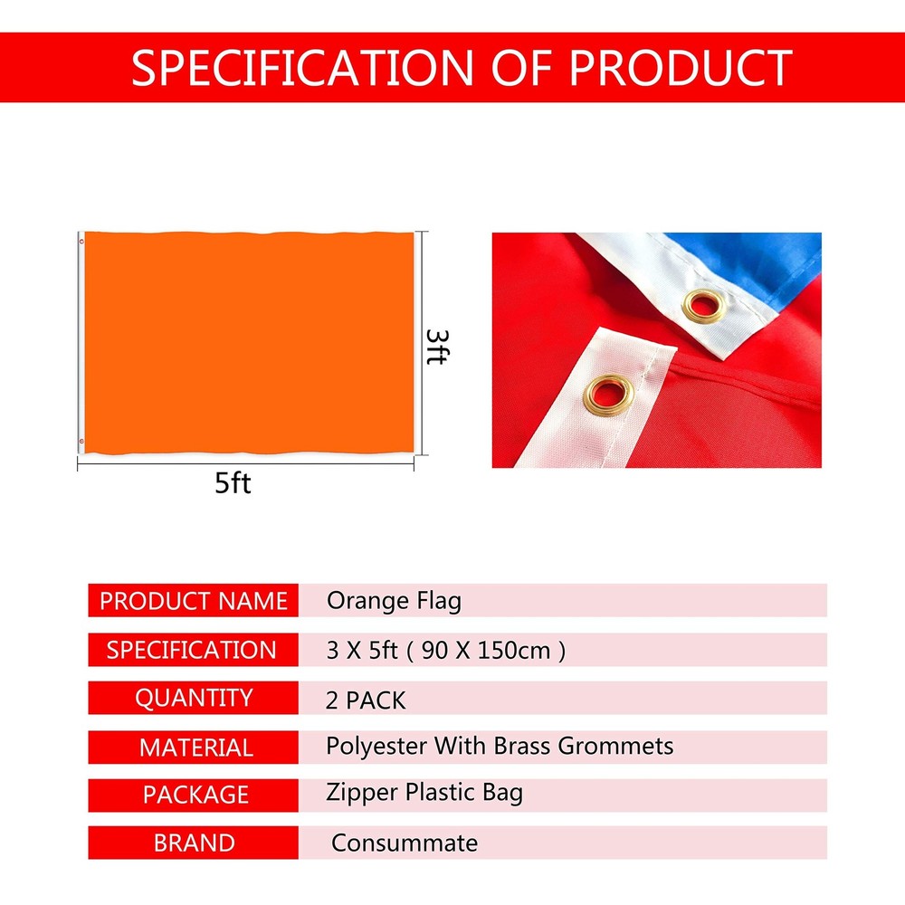 Consummate Solid Orange Flag 3x5 Foot Plain Orange Flags Banner Polyester wit...