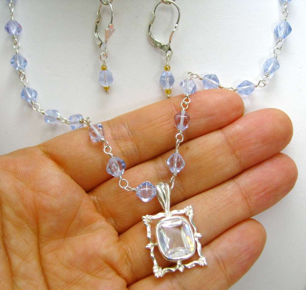 925 SOLID Sterling Silver Crystal Pendant Blue Crystal Link Necklace Earring Set