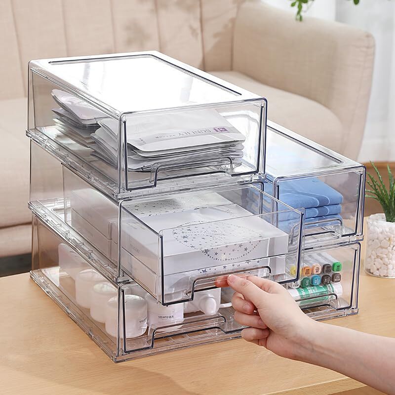 Stackable Storage Drawer, Clear Pull Out Plastic 12.6 x8.27 x 4.33, 2 Pack