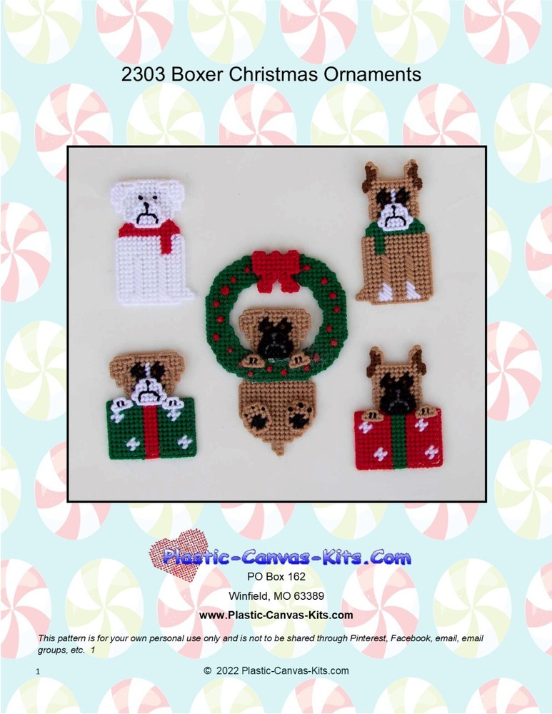 Boxer Dog Christmas Ornaments- Plastic Canvas Pattern or Kit
