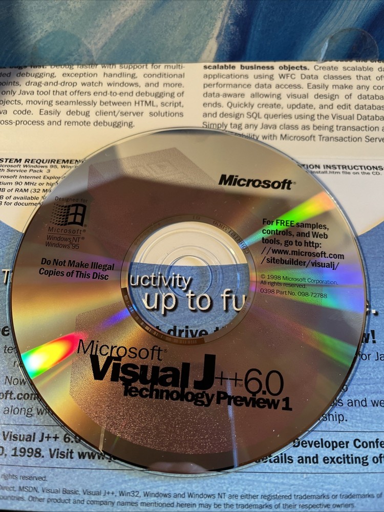 Microsoft Visual J++ 6.0 Technology Preview 1 Software Disc CD 1998