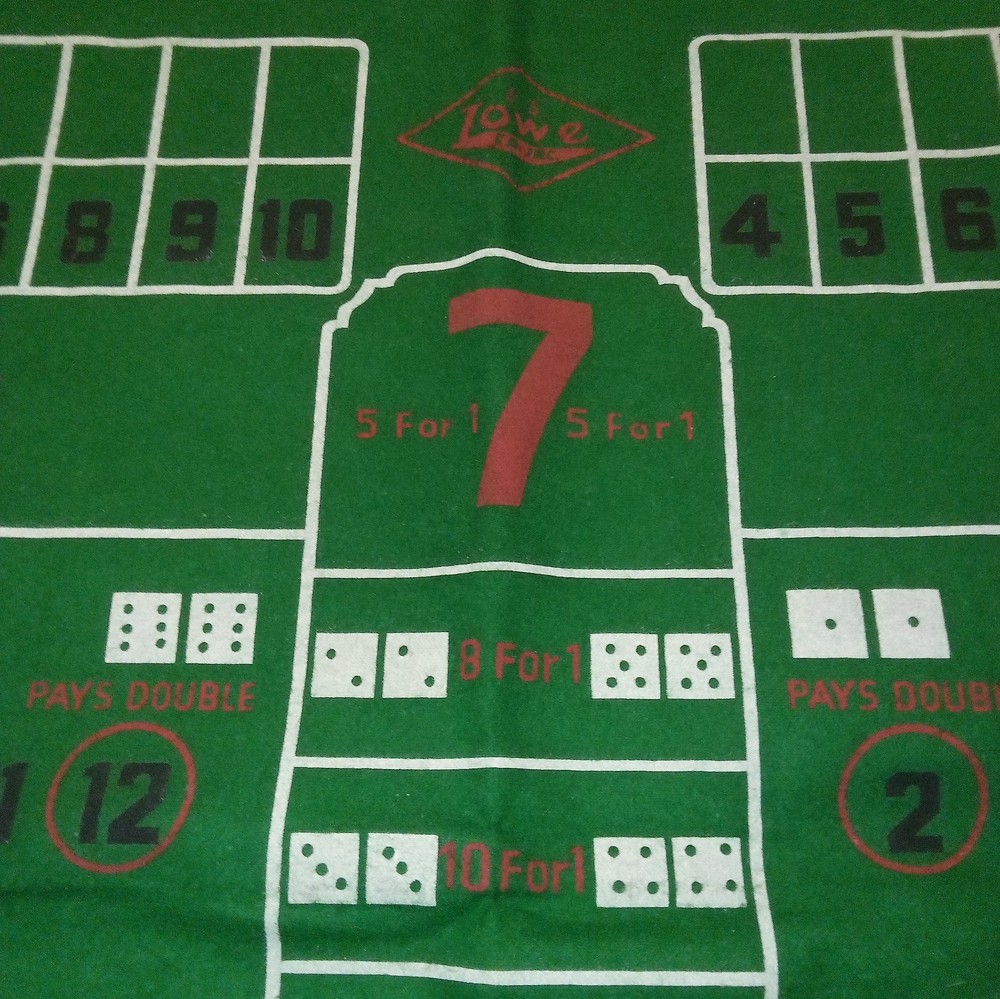 Vtg. E.S. Lowe Nevada Craps Layout Cloth, Dice, Book.