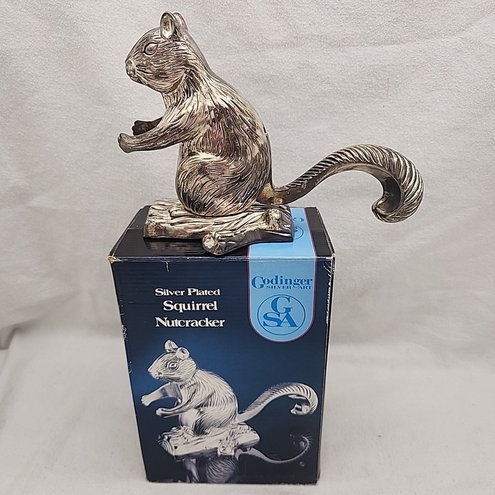 Nutcracker Silver Plated Squirrel On Log Godinger Heavy-Duty Metal Whimsical VTG