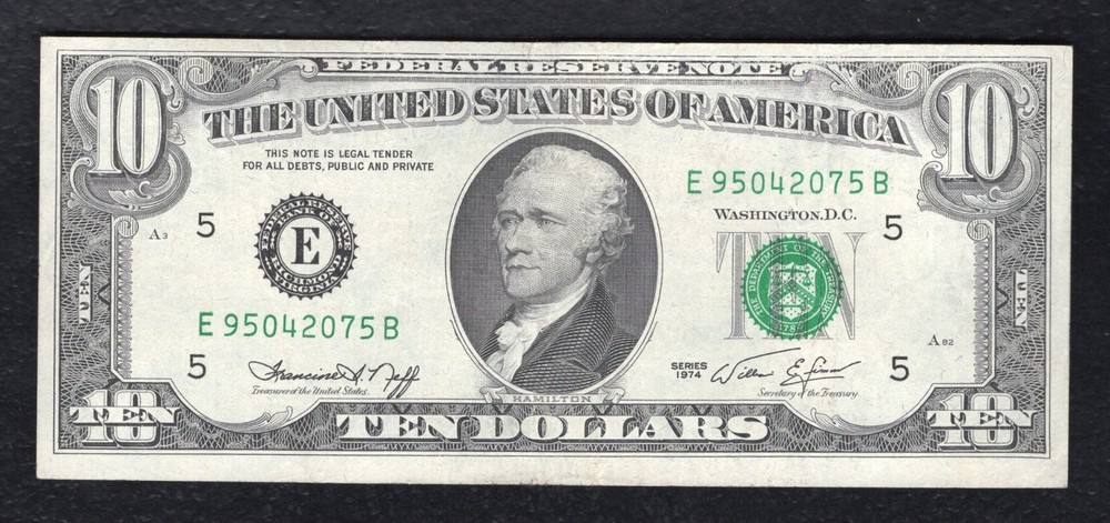 1974 $10 FRN “PARTIAL FACE TO BACK OFFSET PRINTING ERROR” EXTREMELY FINE