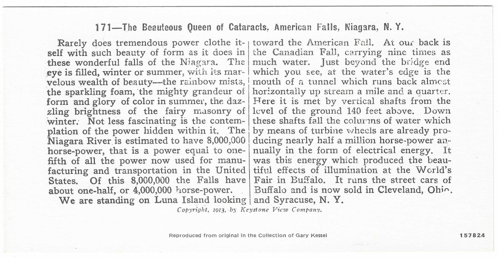 Queen of Cataracts, American Falls, Niagara, NY, 1978 Reproduction Stereoview
