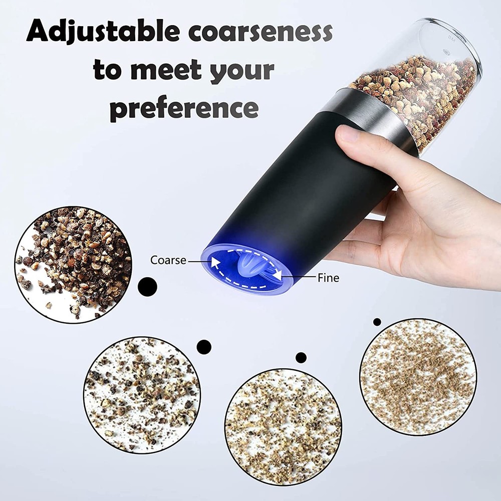 1x Gravity Electric Salt & Pepper Grinder Set Automatic Adjustable with Blue LED