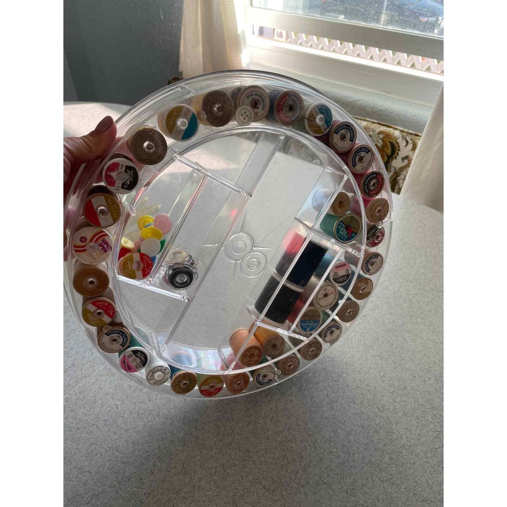 Vintage round sewing caddy with extras