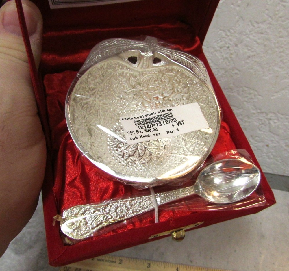 Silver Plated brass Apple bowl & spoon new in original box, great decor items