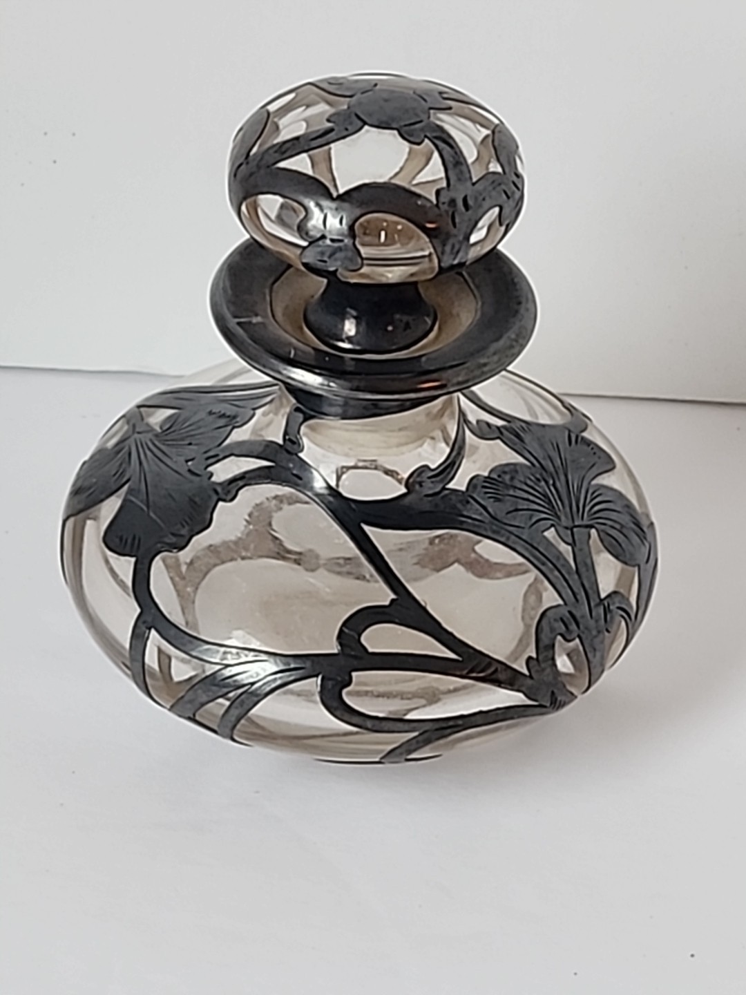 Antique Sterling Silver Overlay Art Nouveau Perfume Bottle Iris Flower READ