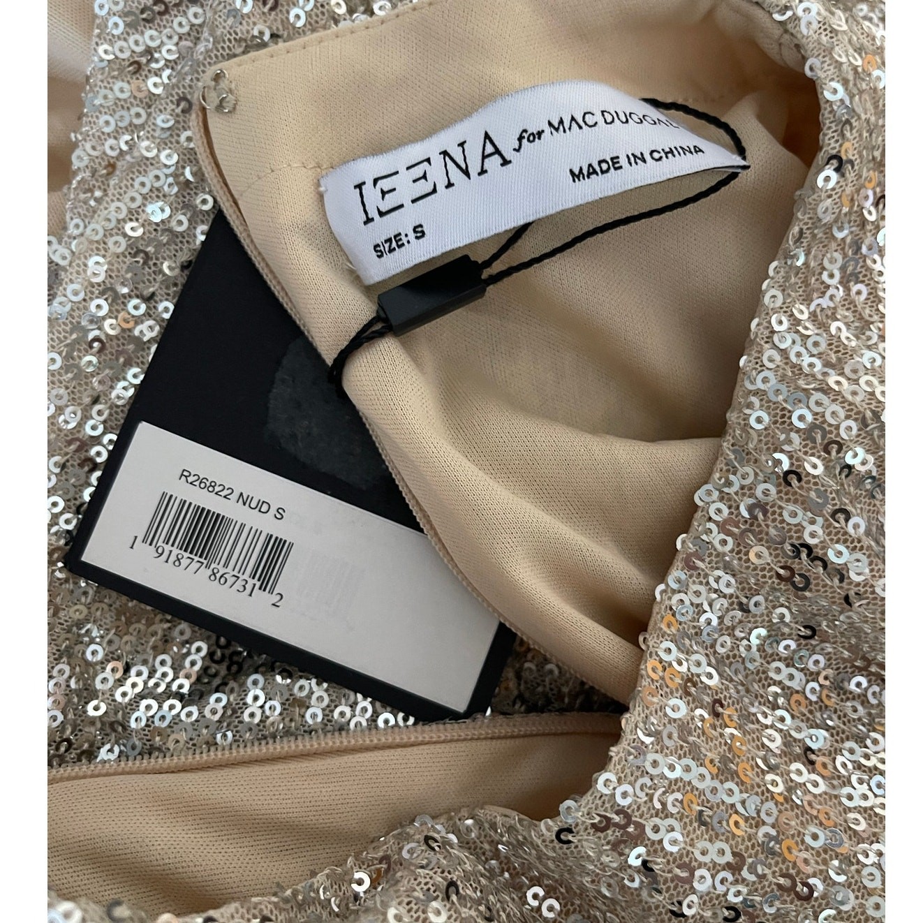 Mac Duggal NWD Size Small Nude Silver Ruffle 3/4 Sleeve Sequin Bodysuit R26822