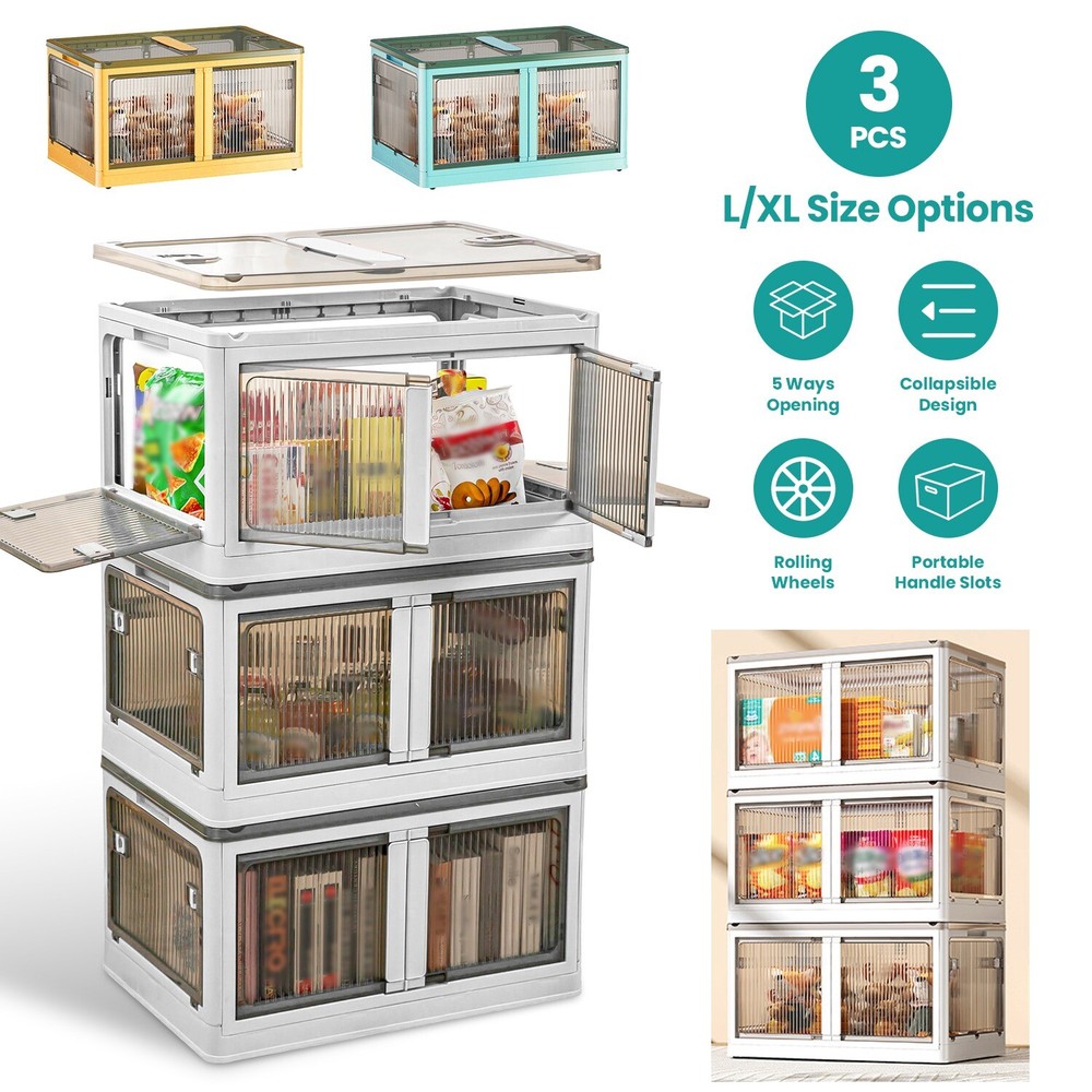 3pack Collapsible Storage Bins Stackable Storage Containers Organizer w/ Wheels
