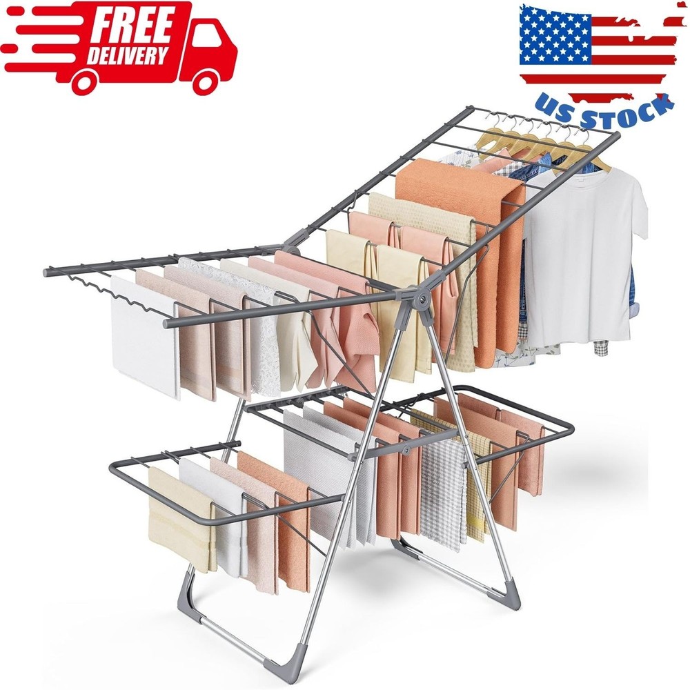Clothes Drying Rack, Foldable 2-Level Laundry Drying Rack with Height