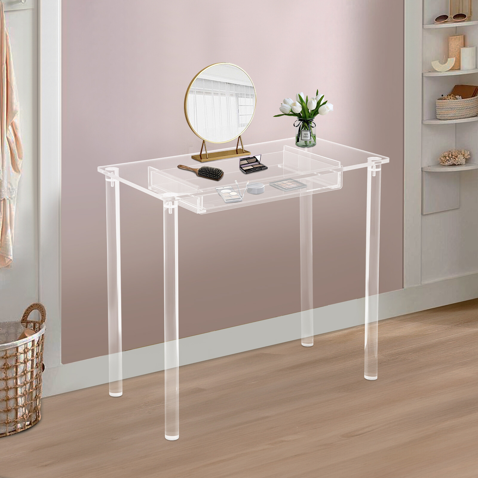 Acrylic Makeup Vanity Desk - Clear Vanity Table w/ Drawer - Small Makeup Table