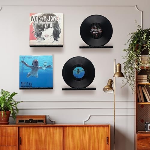 Vinyl Record Wall Mount, Solid Oak Floating Record Shelf for Albums, Black
