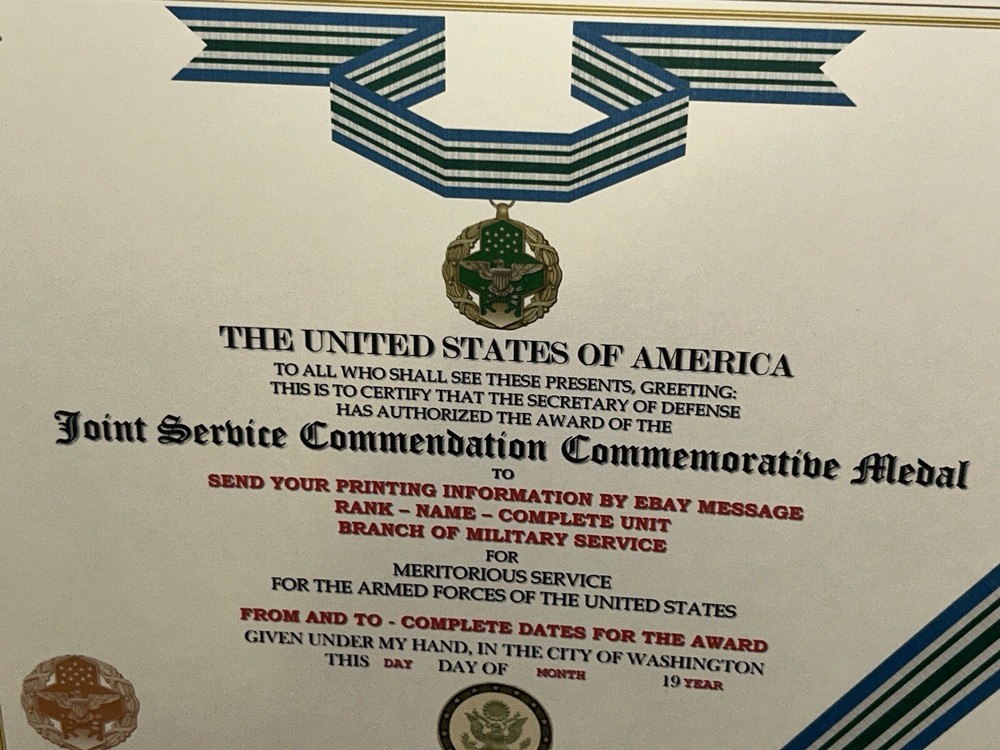 JOINT SERVICE COMMENDATION MEDAL COMMEMORATIVE CERTIFICATE ~TYPE-2 w/PRINTING