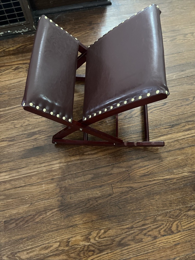 Antique Folding Gout Stool With Red Leather Adjustable Heights