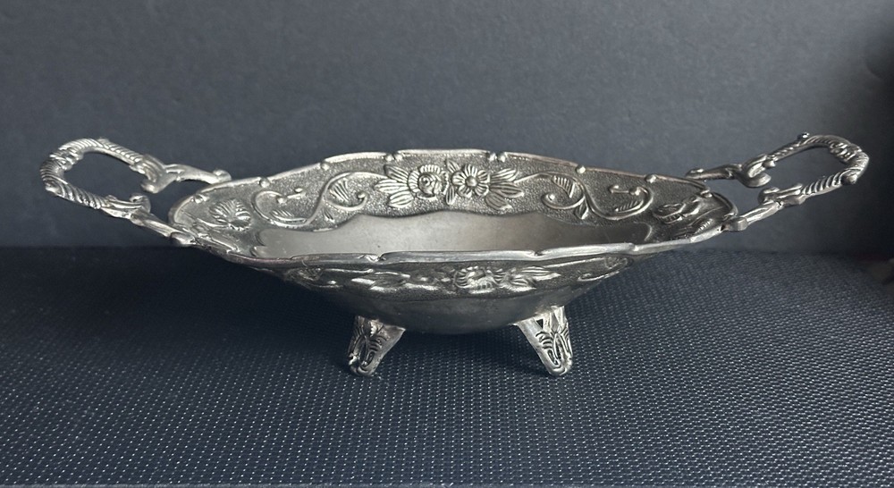 Vintage Studio Silversmiths Silver Plate Floral Footed Oblong Tray W/ Handle