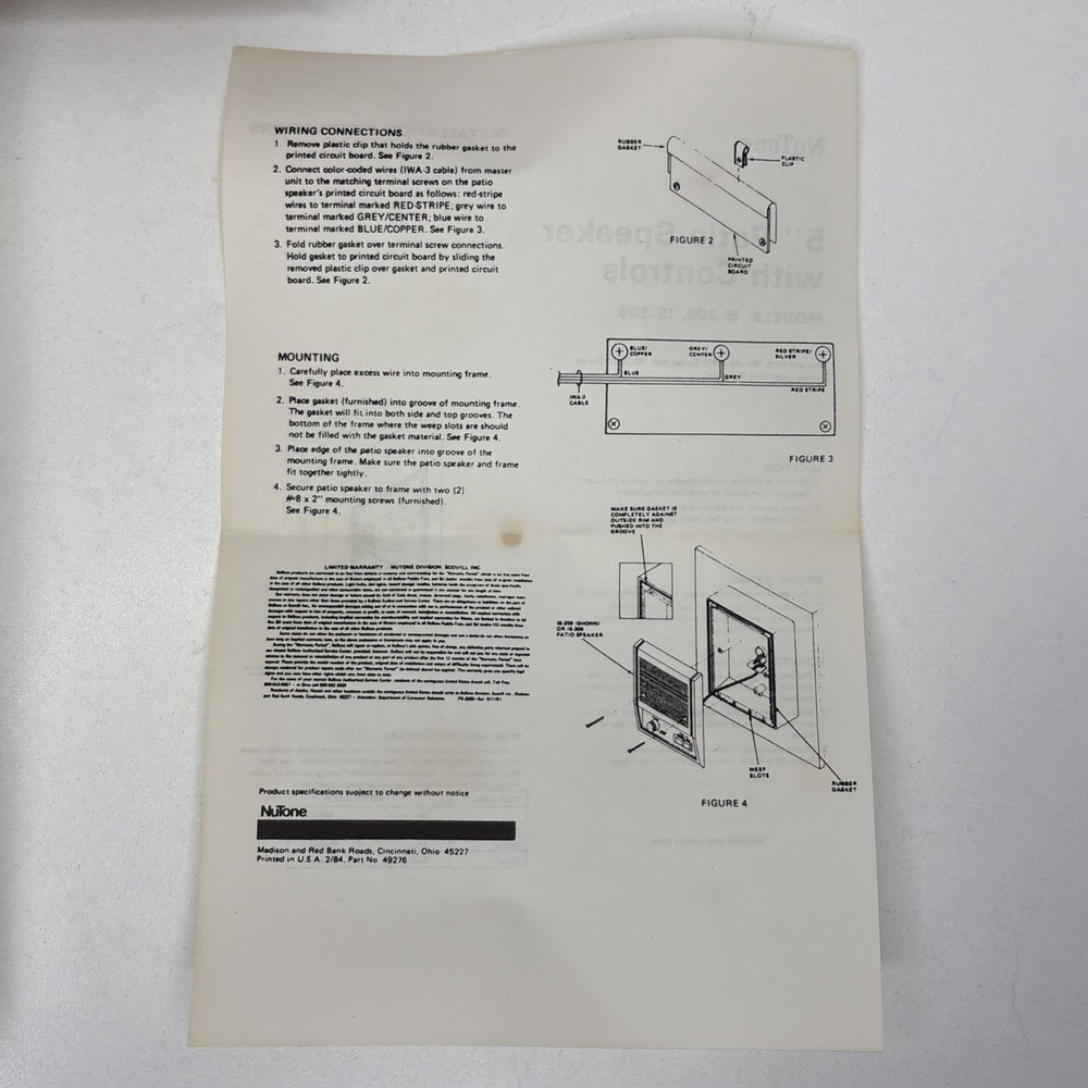 NUTONE IS-309 5" Outside Patio Speaker 3003 Intercom Adobe White NOS Open Box