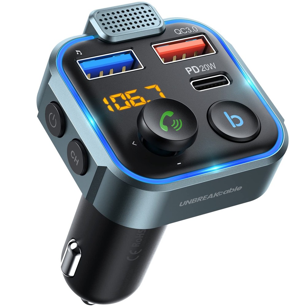 UNBREAKcable Bluetooth 5.3 FM Transmitter for Car, [PD 20W + Small, 38W, Blue