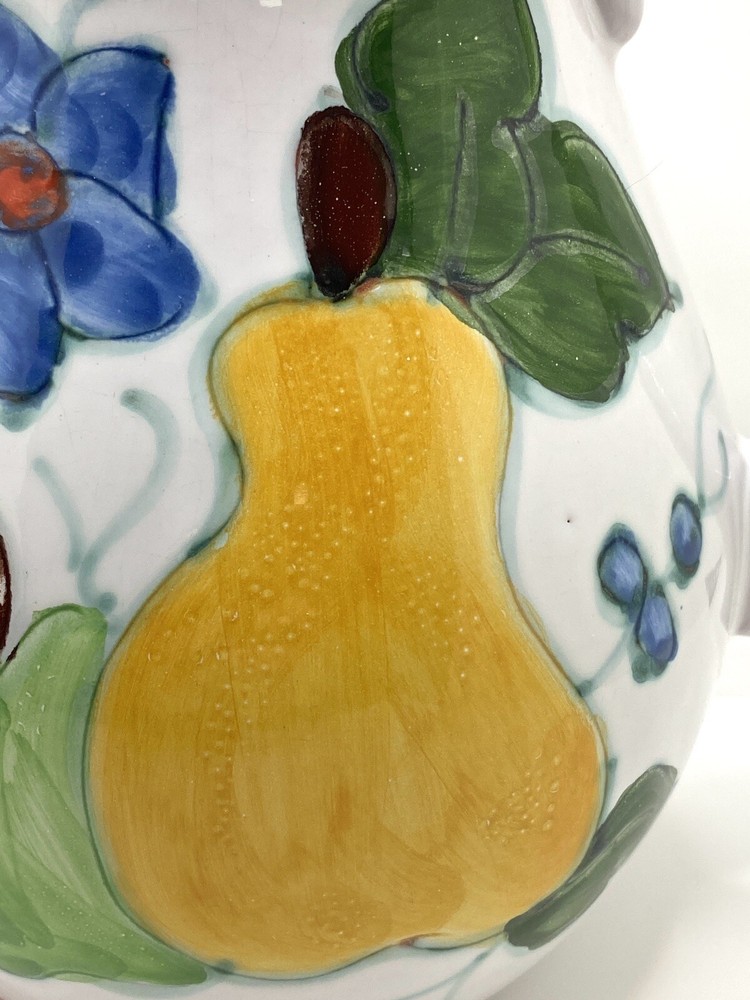 Vintage Pottery Ceramic Handpainted Flowrs And Fruit Design Jug Pitcher