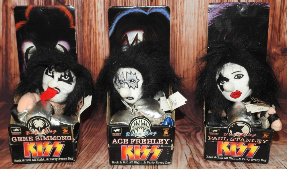 Set of 3 1998 Kiss Bean Bag Dolls, Gene Simmons, Ace Frehley, Paul Stanley