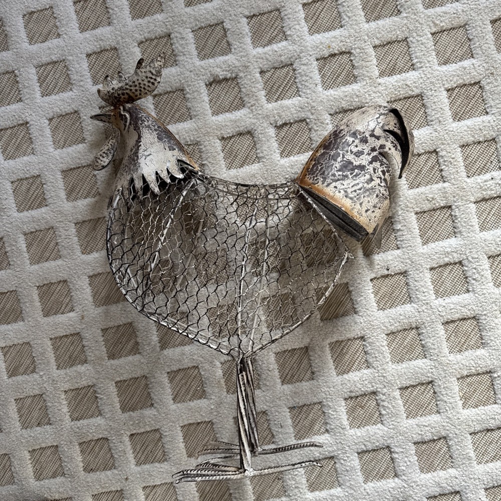 Rustic Rooster Metal & Chicken wire Egg Container. White Washed Design. 20” Tall