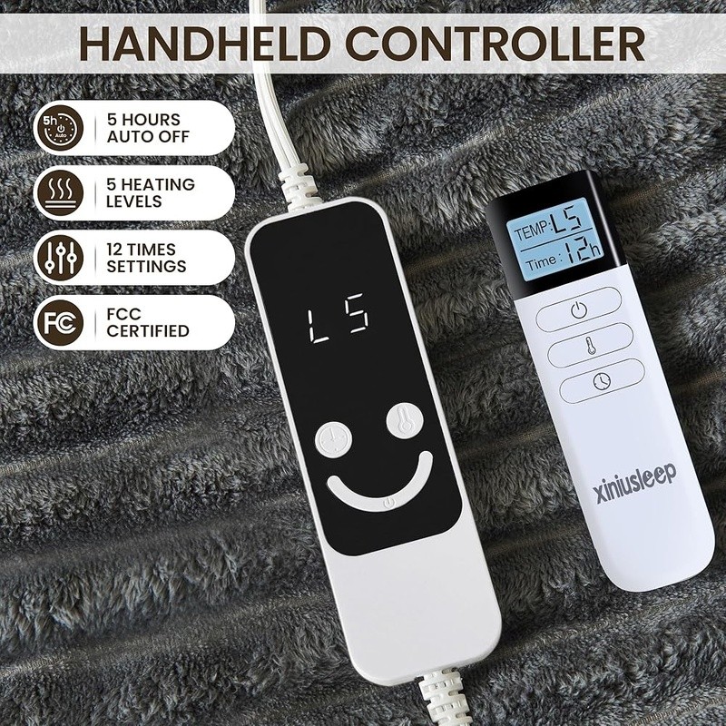 Electric Heated Blanket 5 Heat Settings Wireless Controller Soft Washable Cozy