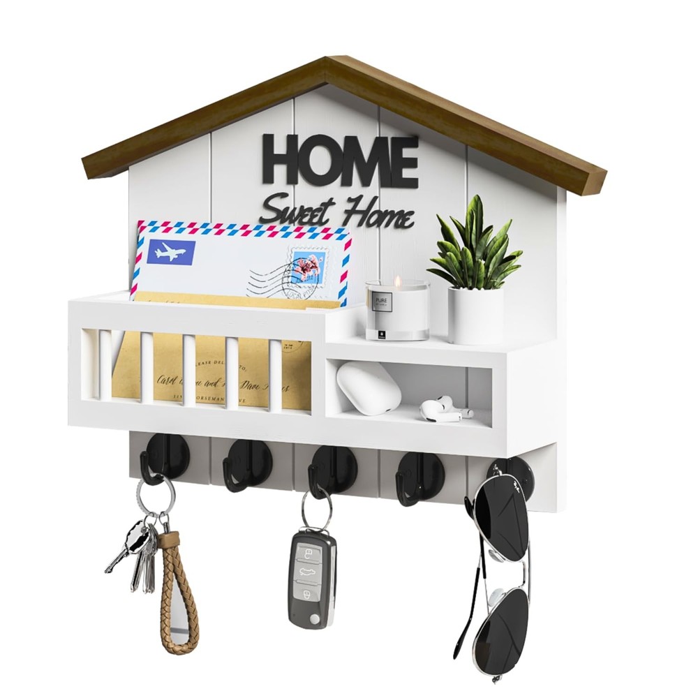 FERAHI Key and Mail Holder for Wall, Wall with Shelf, White