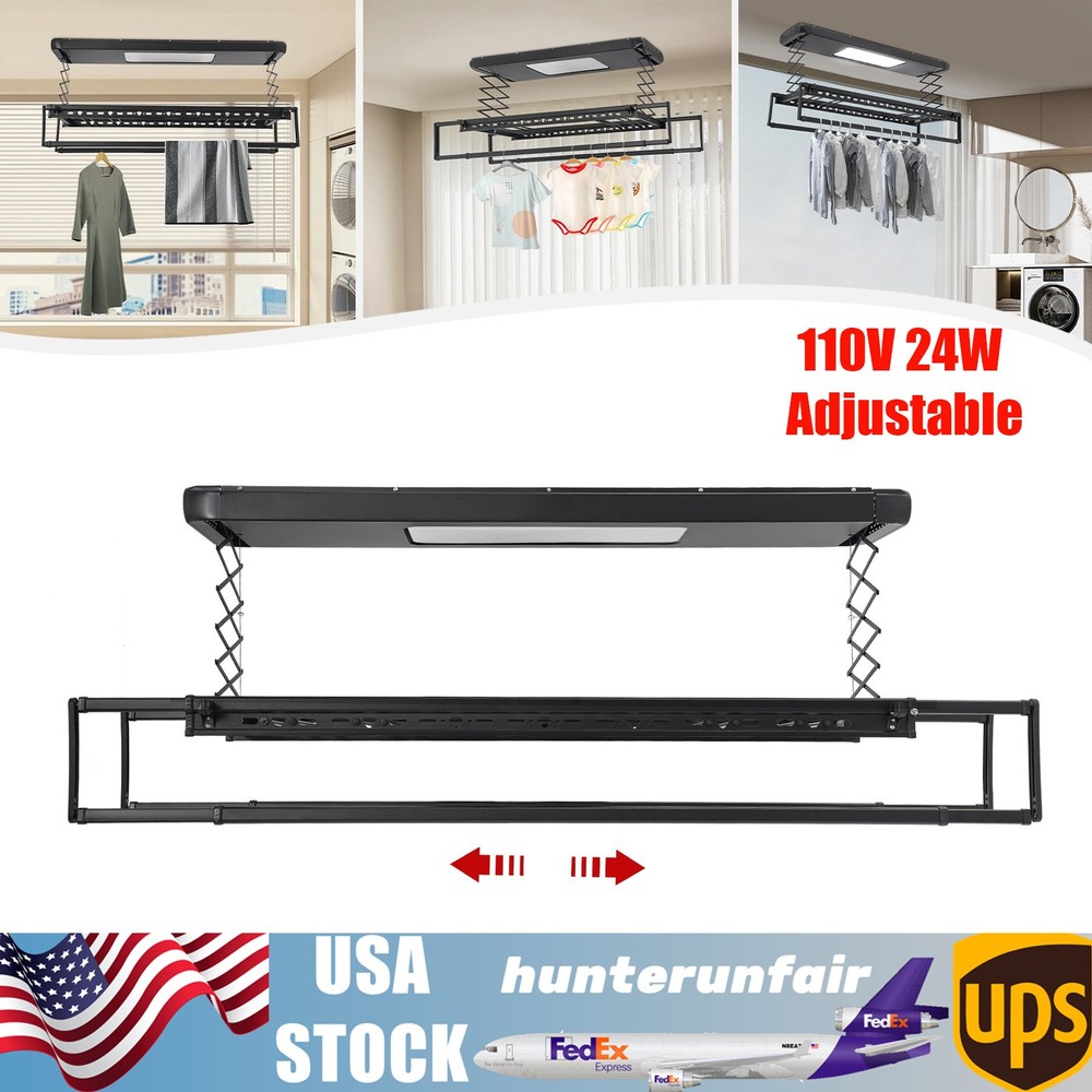Electric Retractable Airing Rack Clothes Drying Rack W/ Remote Control & Light