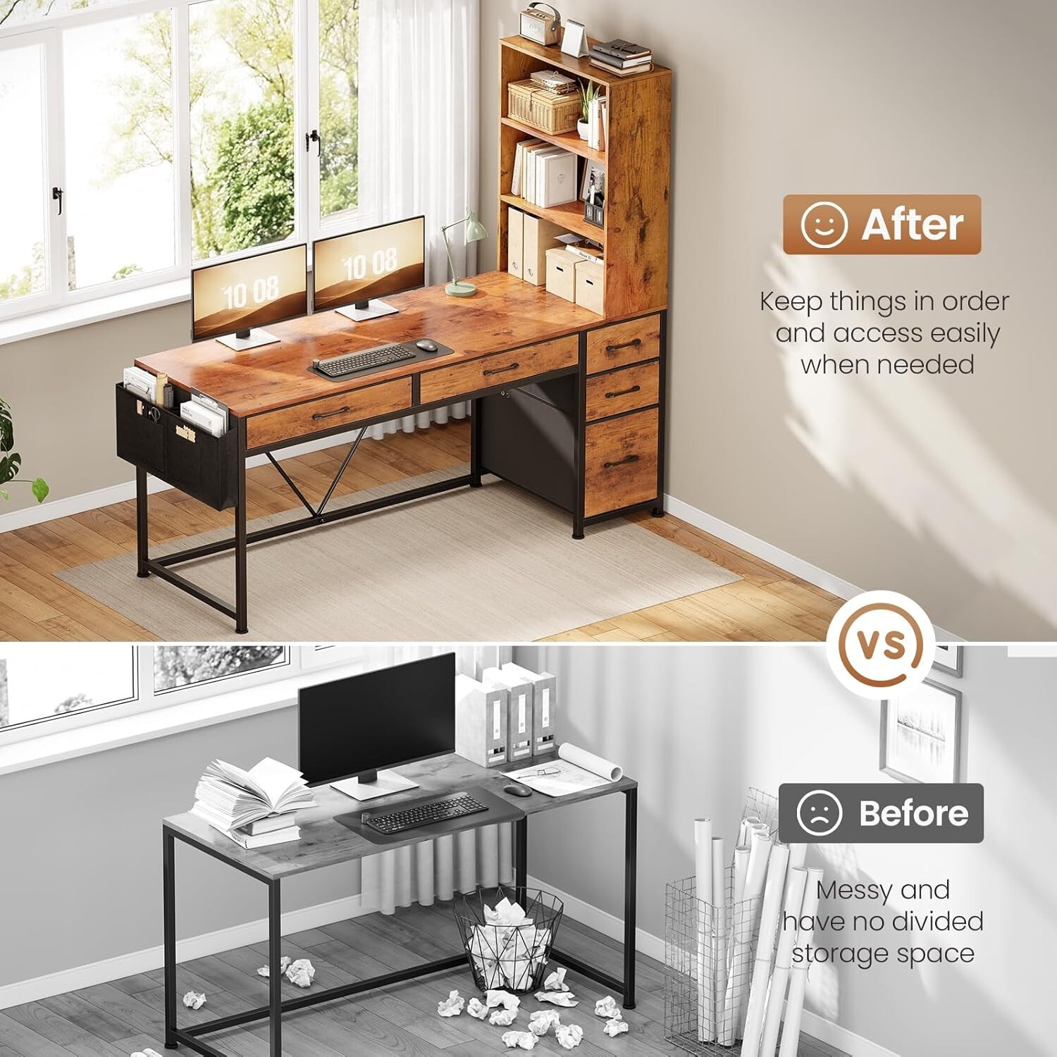 Computer Desk with 5 Drawers&Bookshelf, Reversible Home Office Desk w/LED Lights