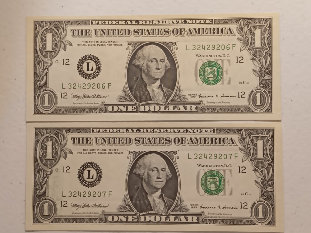 2-Errors Consecutive 1999 $1 Green Seal Federal Reserve Notes- Offset Error
