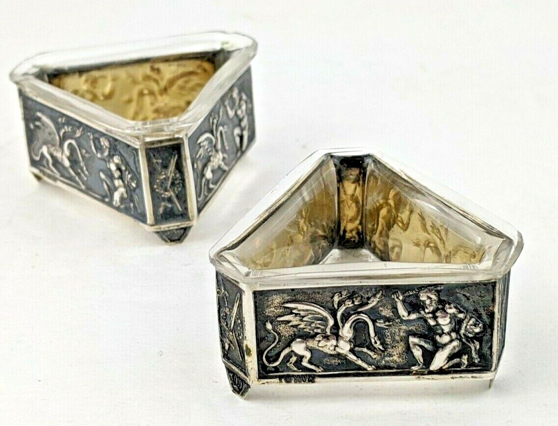 800 Silver Antique Germany Figural Mythology Glass Lined Salt Cellars RARE Pair
