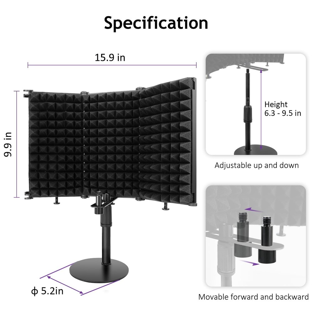 Microphone Isolation Shield, 3 Panels Sound Proof Mic Shield with Mic Stand a...